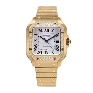 Santos de Cartier White Dial with Diamond Bezel in Yellow Gold