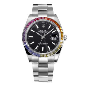 Datejust 41 Black Dial Stick Markers with Rainbow Diamond Bezel in Steel on Oyster Bracelet