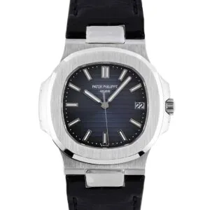 Nautilus Jumbo 5711 blaues Zifferblatt in Stahl mit schwarzem Lederarmband