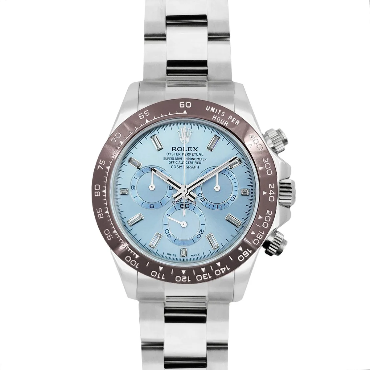 Daytona 116506 platine cadran bleu glacier index diamants