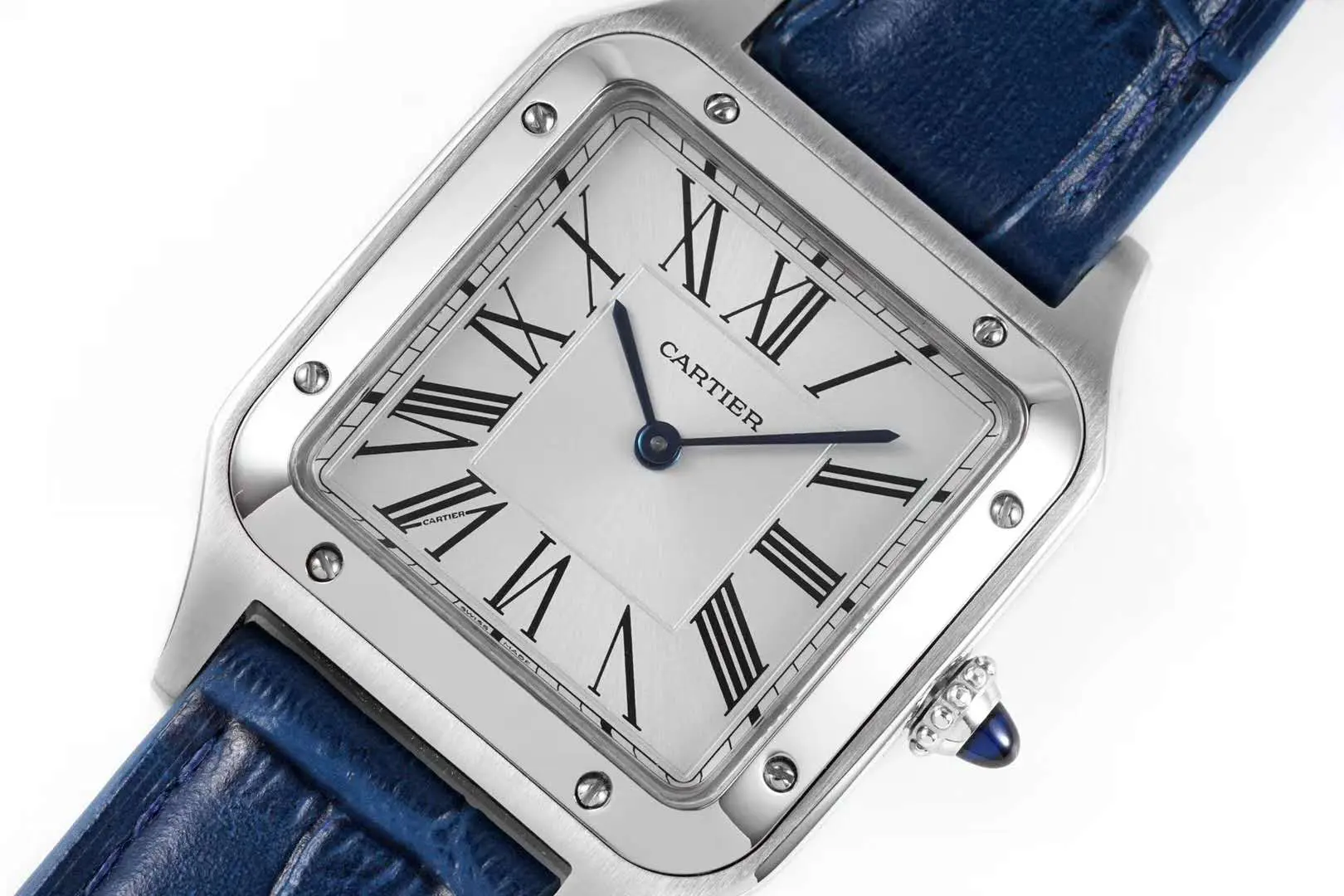 Santos-Dumont weißes Zifferblatt in Stahl am blauen Lederarmband – Bild 3