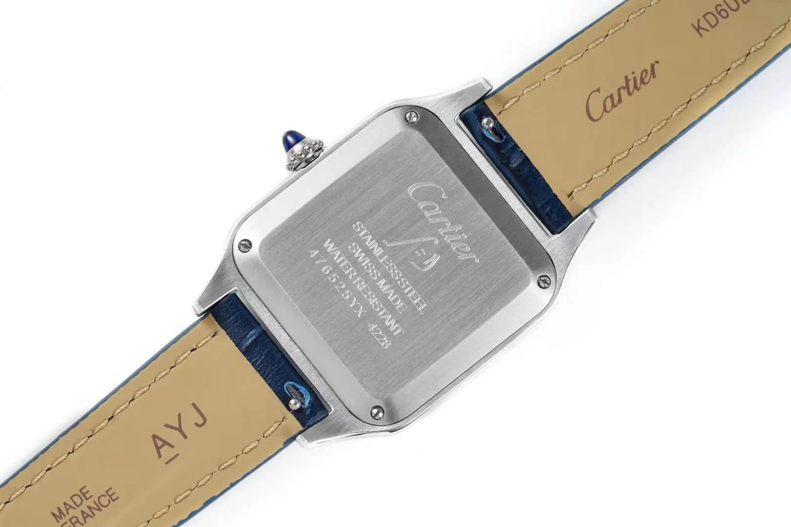 Santos-Dumont weißes Zifferblatt in Stahl am blauen Lederarmband – Bild 6