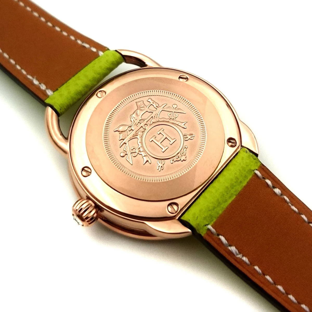 Arceau Petite Rose Gold with Diamond Bezel on Green Epsom Leather Strap
