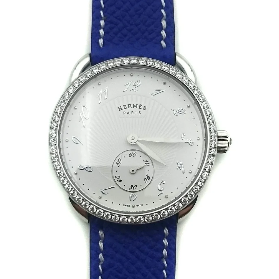 Arceau Petite Steel with Diamond Bezel on Blue Epsom Leather Strap