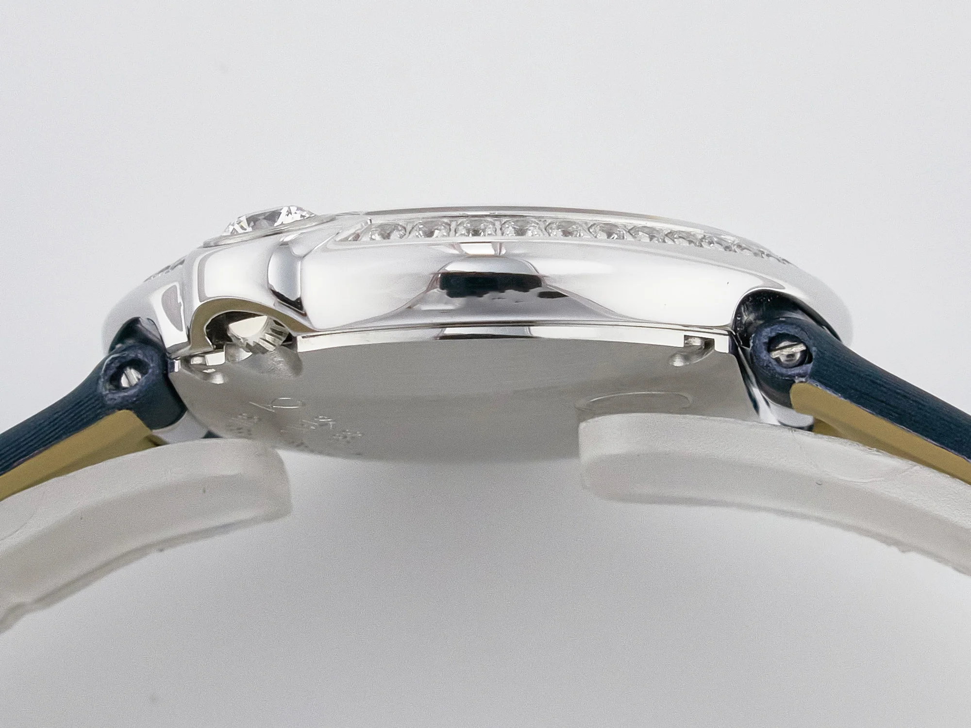 Ballon Blanc De Cartier 30mm SS DRF 1:1 Best Edition Silvered Texture Dial Diamonds Bezel on Blue Calfskin Strap Ronda Quartz