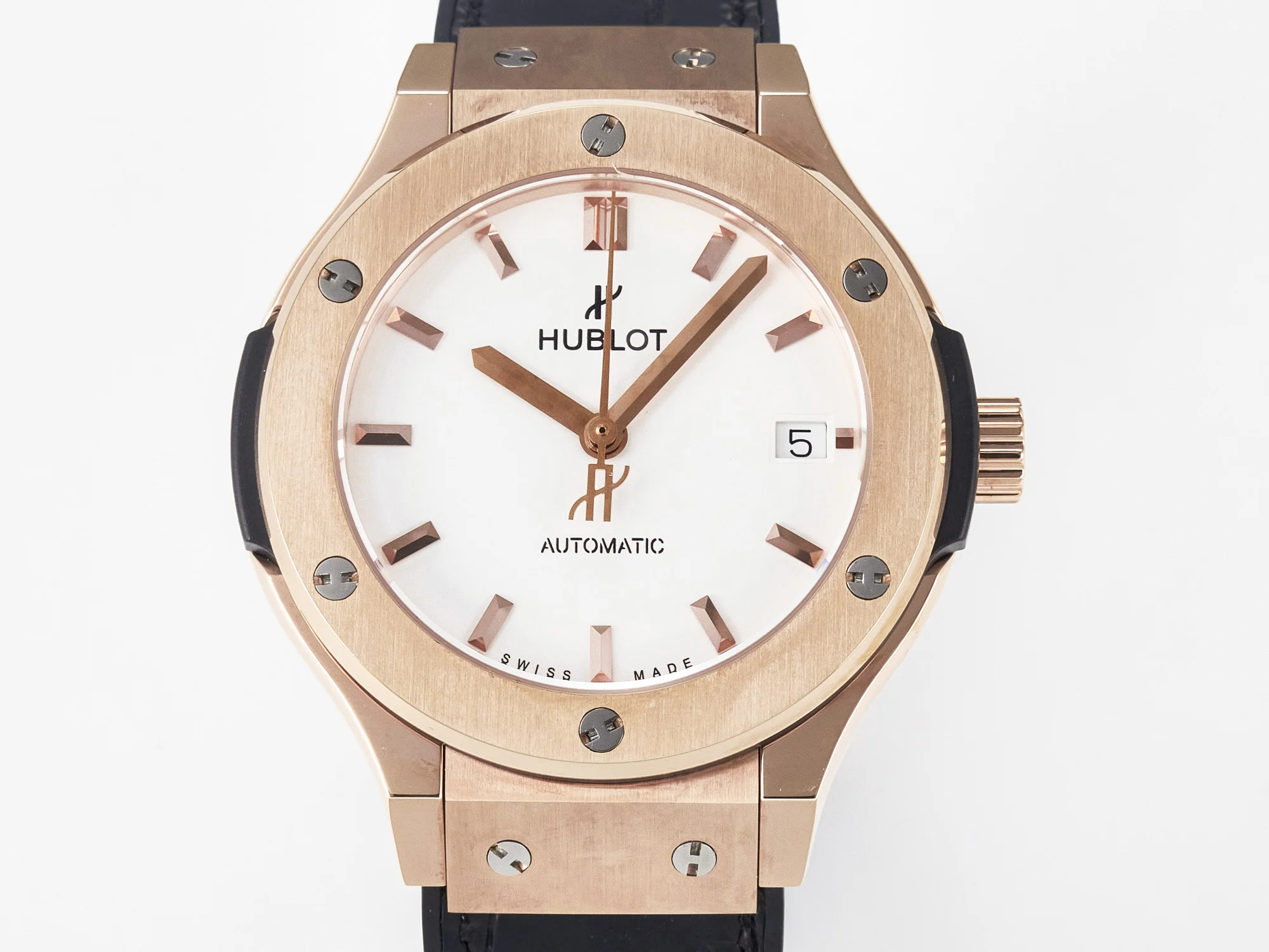 Classic Fusion 38mm RG JJF 1:1 Best Edition White Dial on Black Gummy Leather Strap
