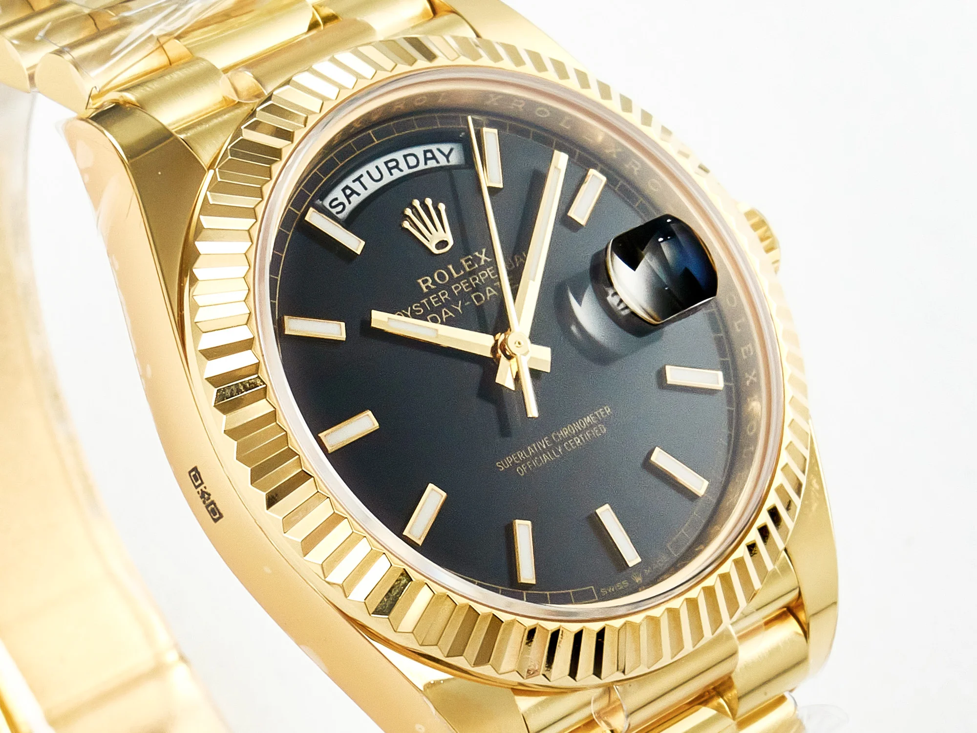 Day Date 40 228238 ARF 904L Steel Black Stick Dial on President Bracelet VR3255