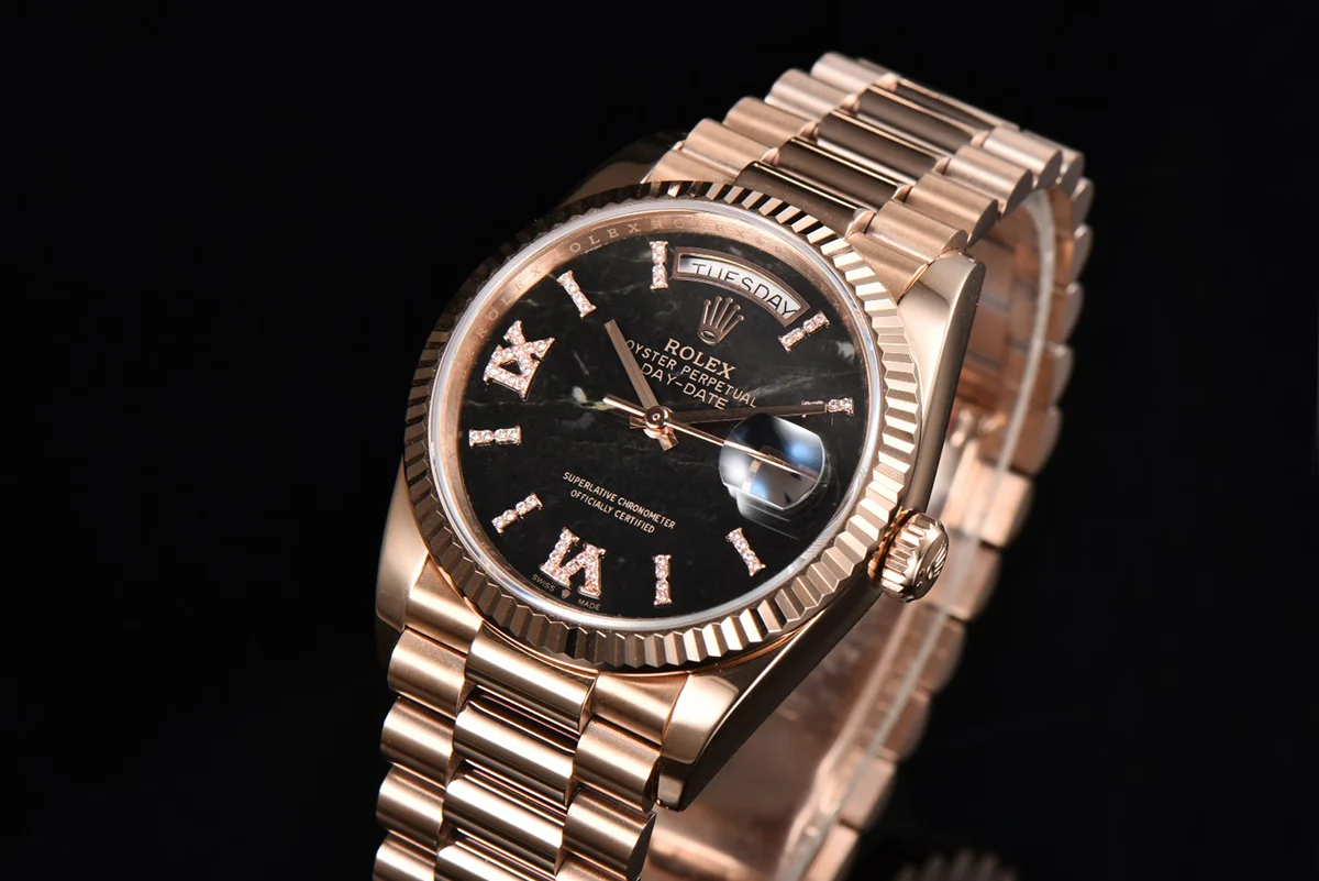 Daydate 36 128235 Eisenkiesel (Quartz Stone) Diamond Roman Dial in Everose Gold