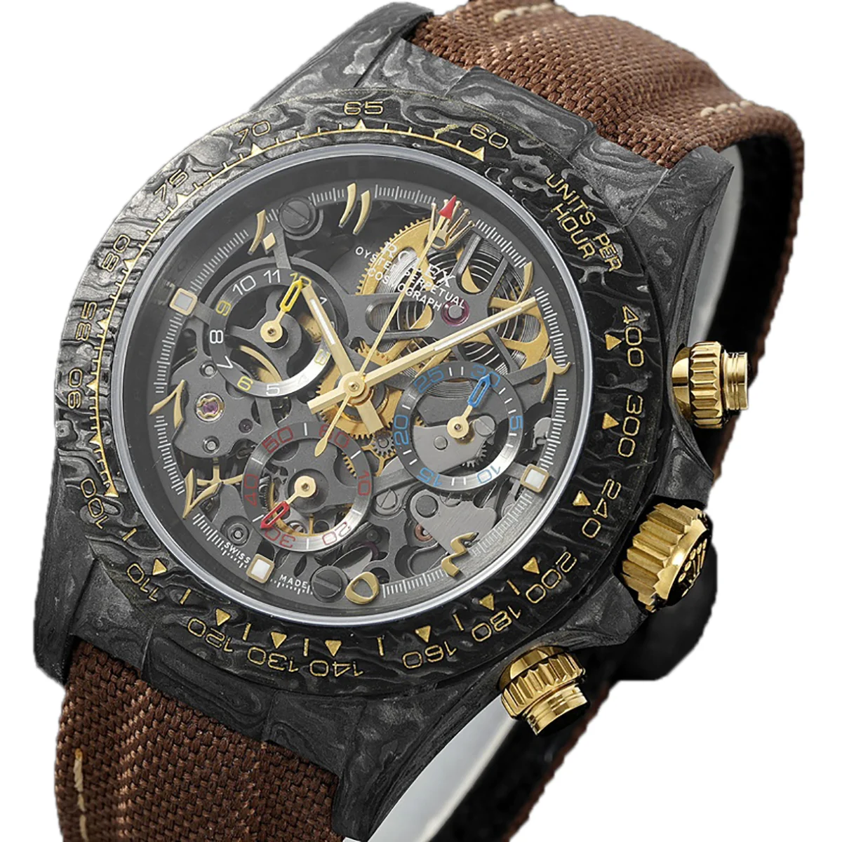 DIW Daytona Skeleton Dial in Carbon on Brown Nylon Strap