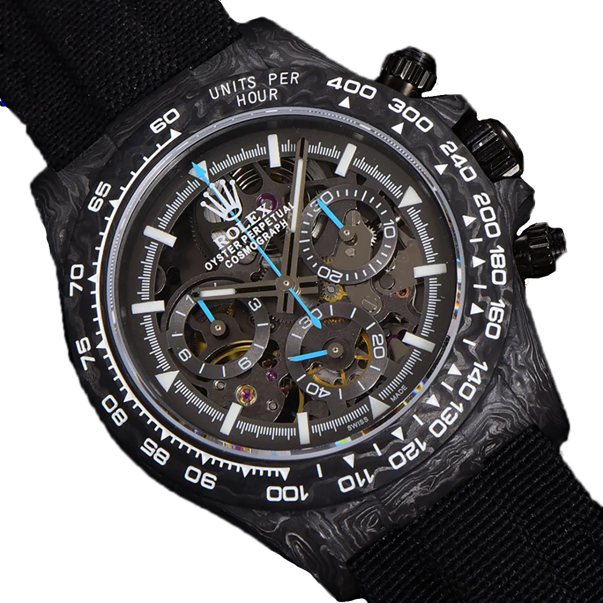 DIW Daytona Skeleton Dial in Carbon with Blue Hands on Black Nylon Strap