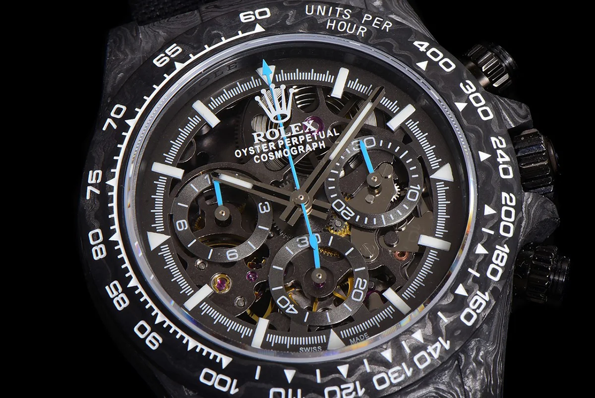 DIW Daytona Skeleton Dial in Carbon with Blue Hands on Black Nylon Strap