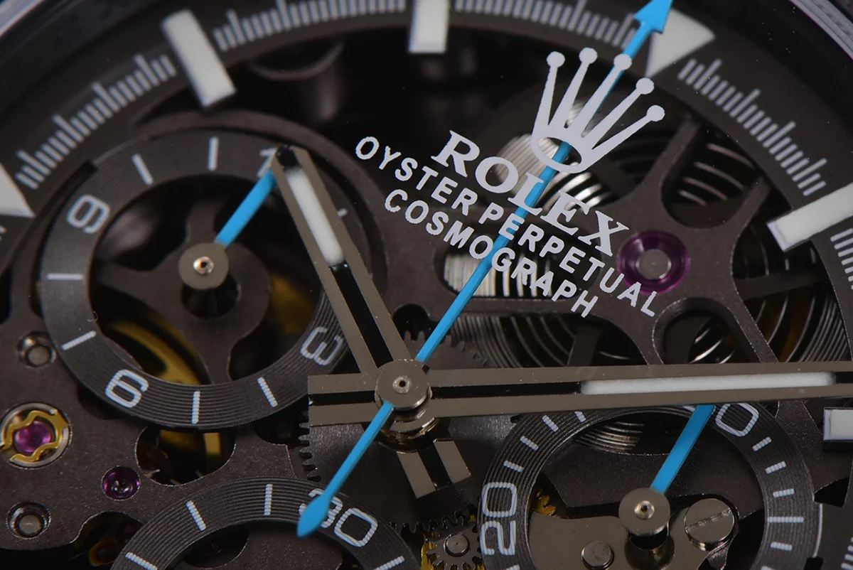 DIW Daytona Skeleton Dial in Carbon with Blue Hands on Black Nylon Strap