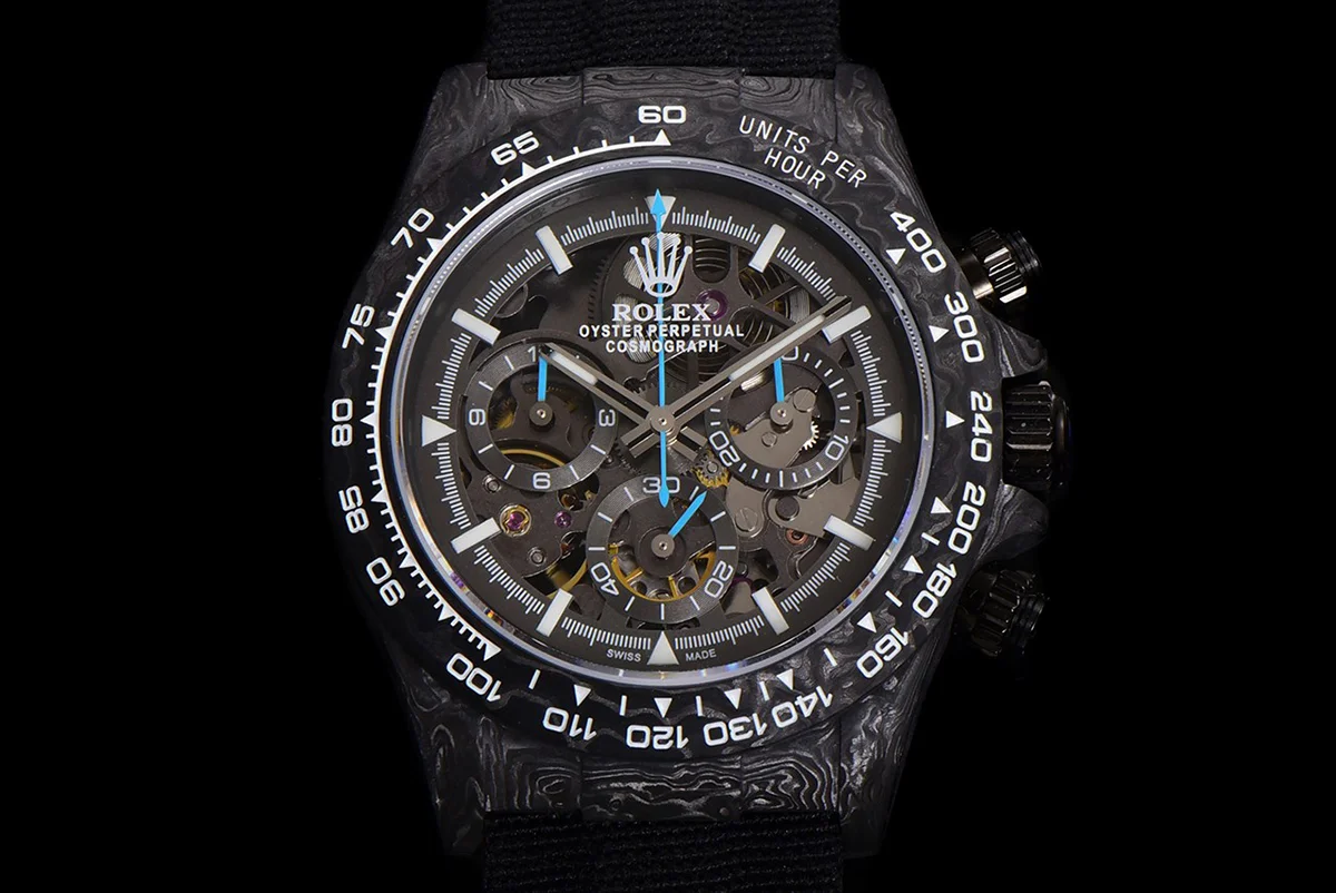 DIW Daytona Skeleton Dial in Carbon with Blue Hands on Black Nylon Strap