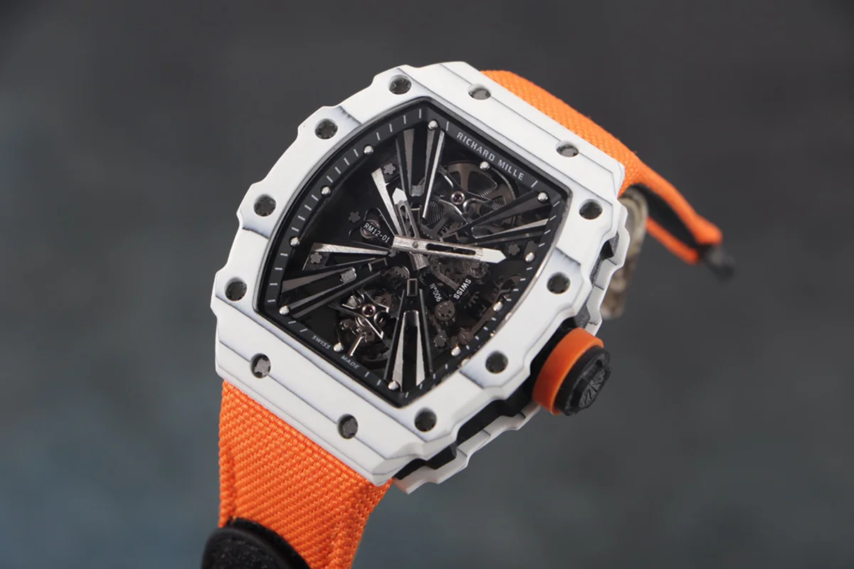 RM 012-01 Tourbillon White NTPT Carbon on Orange Nylon Strap