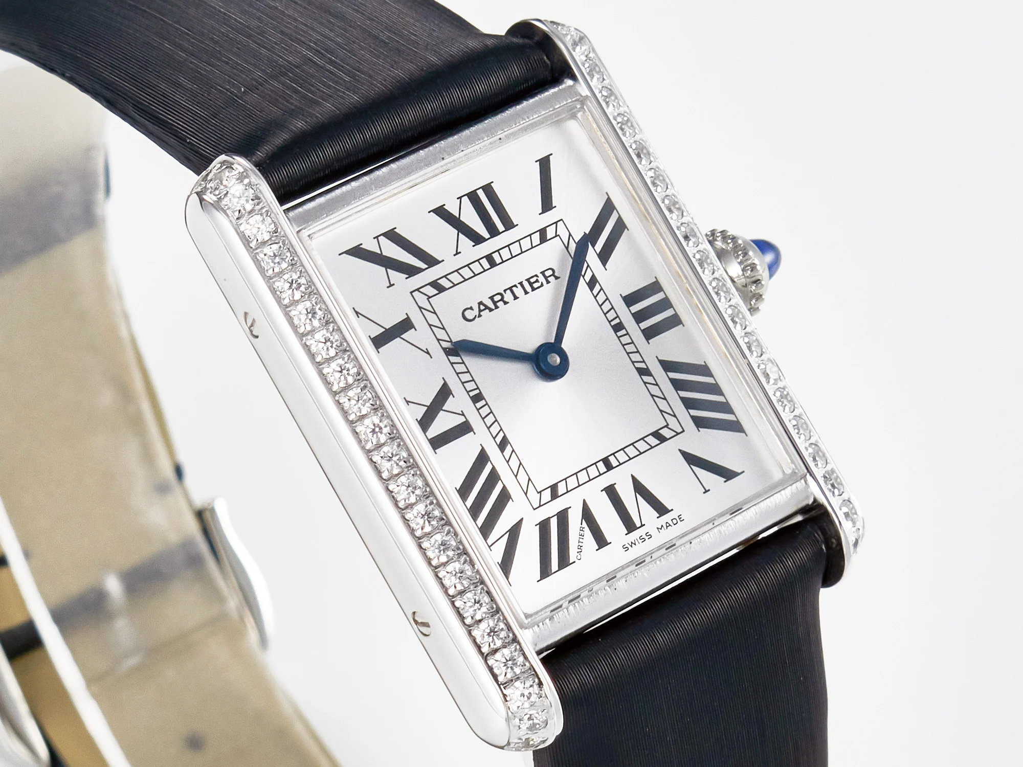 Tank Must Large SS 33.7mm DRF 1:1 Best Edition White Dial Diamonds Bezel on Black Calfskin Strap Swiss Quartz