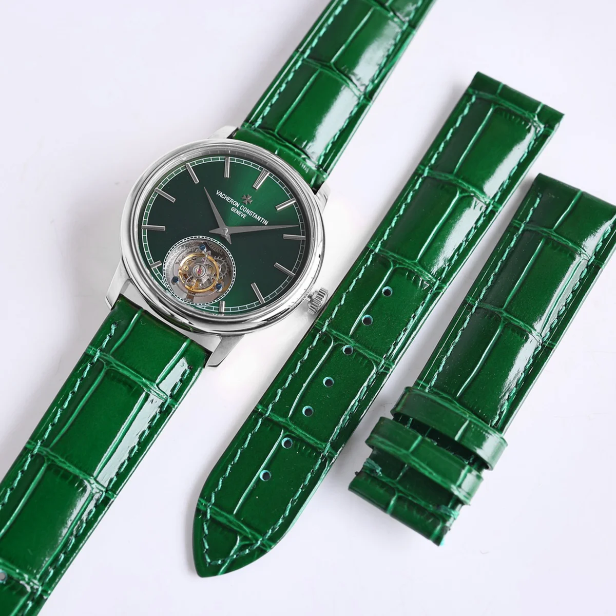 Traditionelle Tourbillon in Steel on Green Leather Strap